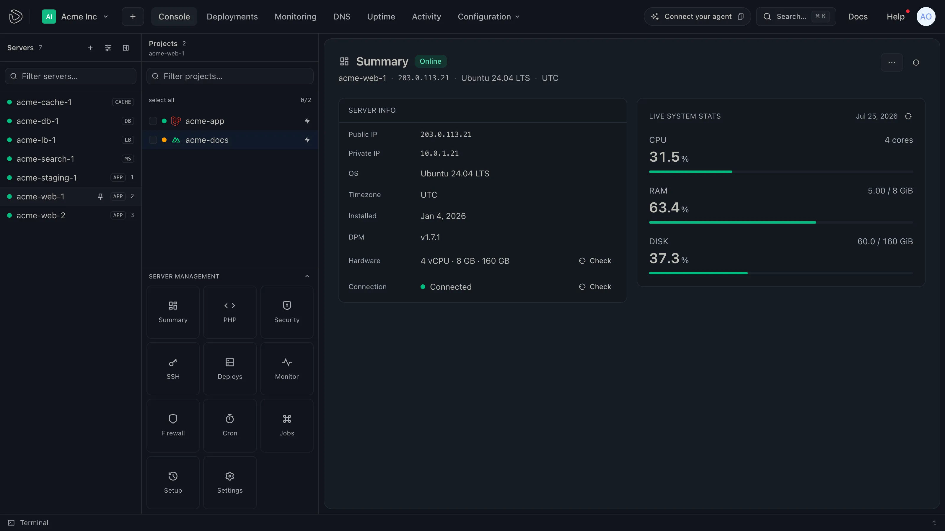 The Depfloy Console with Servers and Projects sidebar headers and a server Summary panel