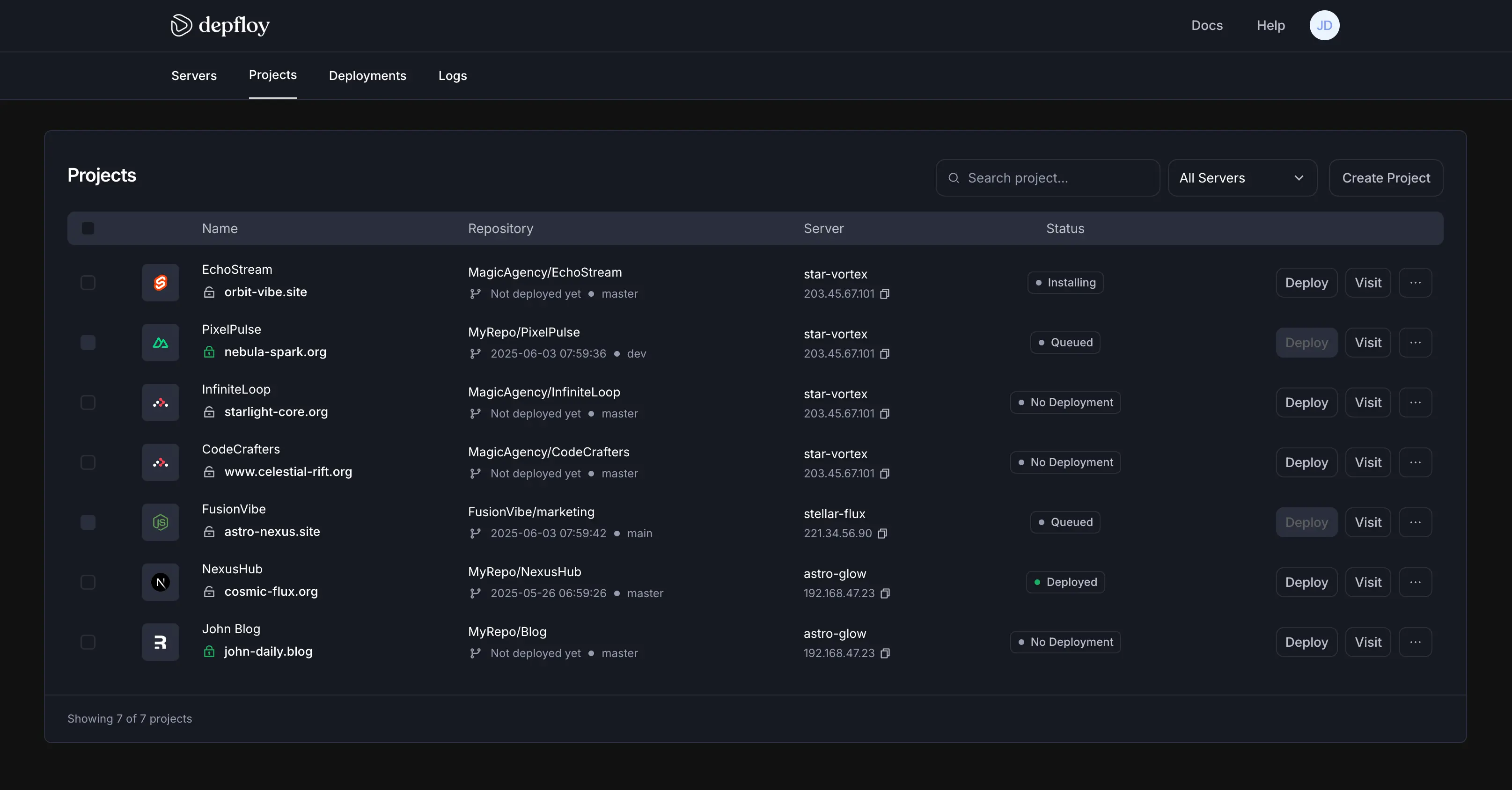 Depfloy projects dashboard
